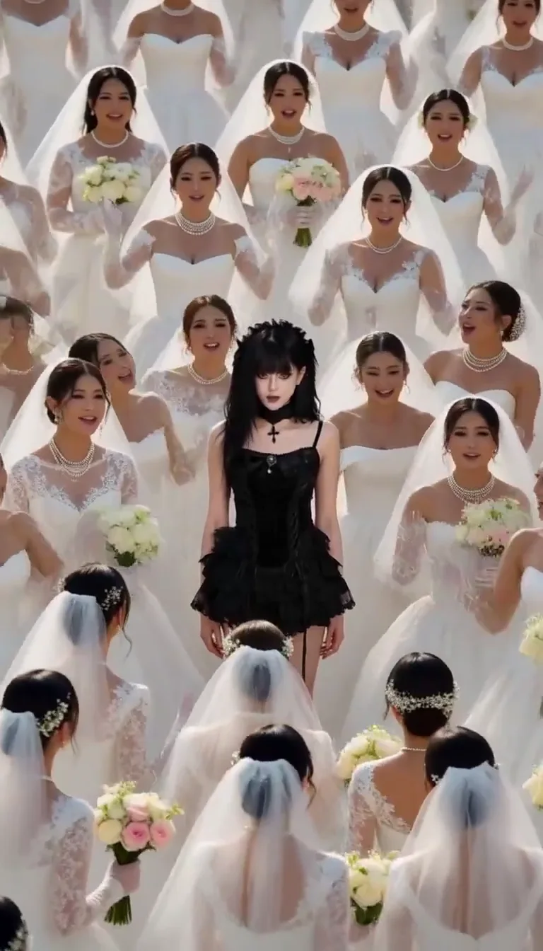 A vertical 9:16 frame from a Closed on Sunday video: a woman in a black dress standing still in front of a crowd of brides in white gowns