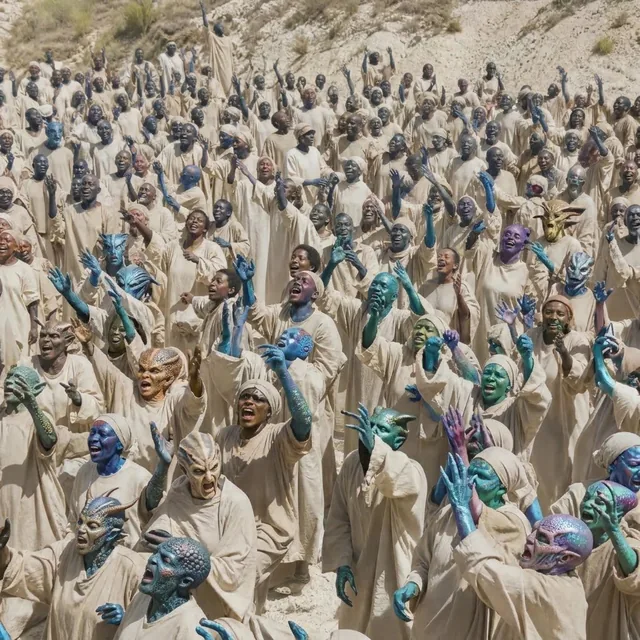 A hillside crowd of blue and green aliens in pale hooded robes, singing with their hands raised