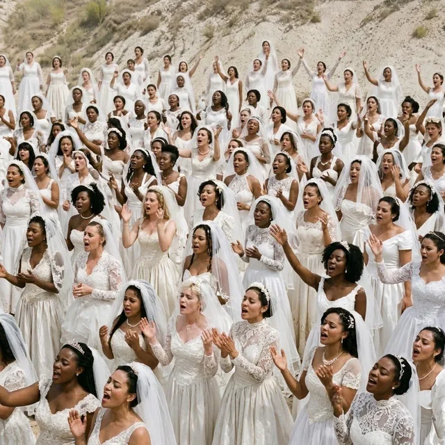 A hillside crowd of brides in white wedding dresses, singing with their hands raised