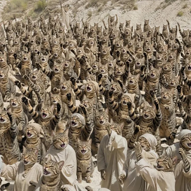 A hillside crowd of tabby cats in pale robes, singing with their paws raised