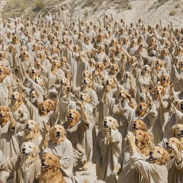 A hillside crowd of golden retrievers in pale robes, singing with their paws raised