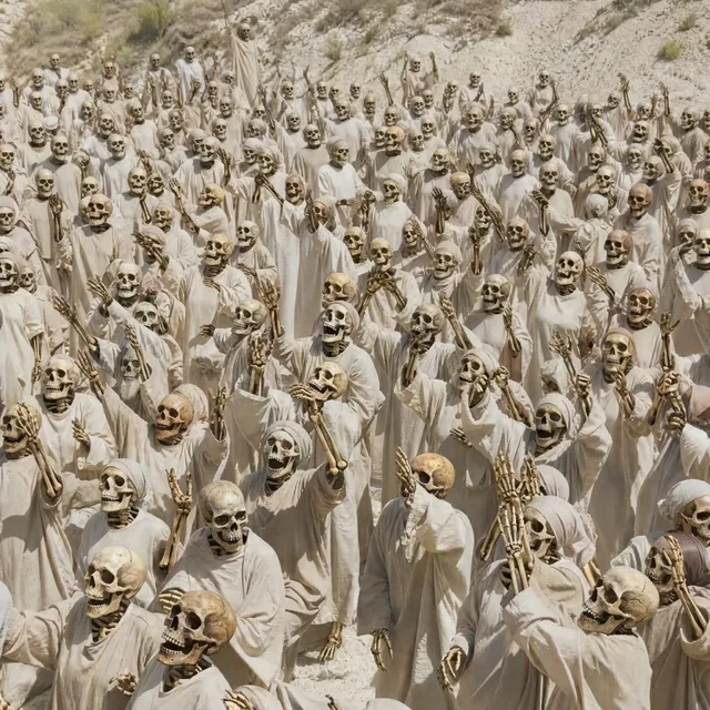 A hillside crowd of skeletons in pale robes and head wraps, singing with their arms raised