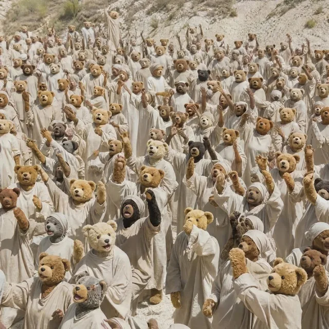 A hillside crowd of teddy bears in pale robes, singing with their paws raised